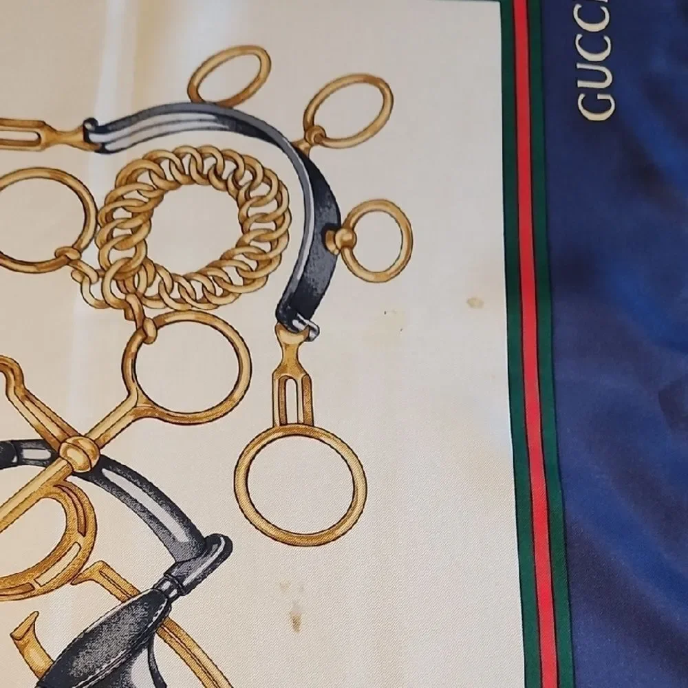 Gucci Cream and Navy Silk Scarf with Gold Details